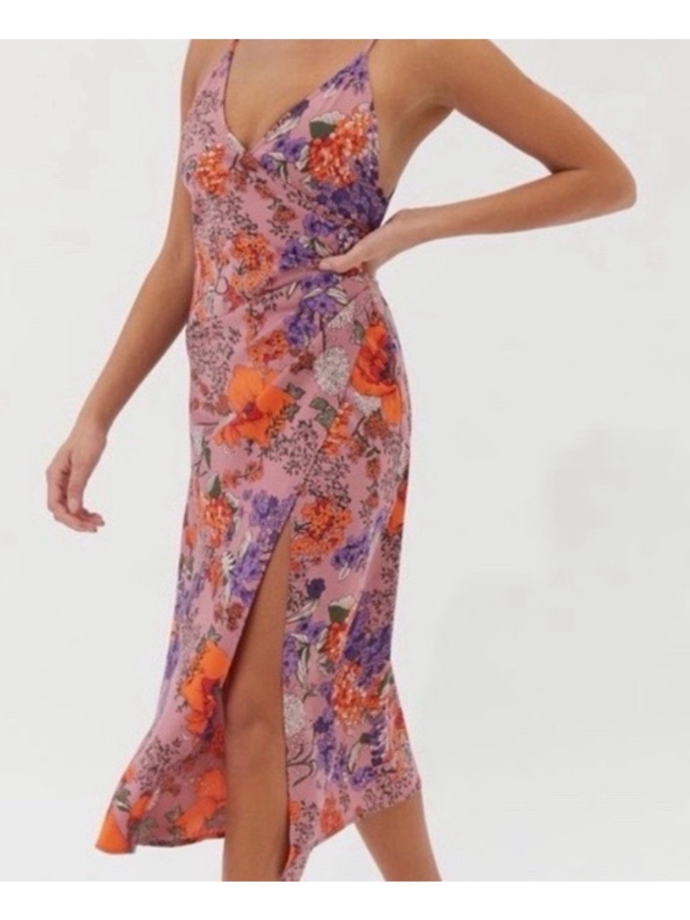 Urban Outfitters Pink Floral Slip Midi Dress with Orange & Purple Print